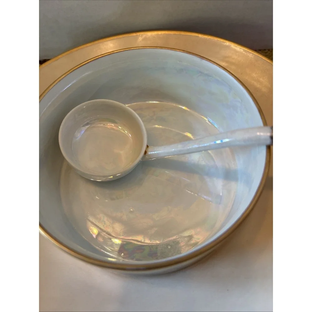 Antique Porcelain Covered Cream Soup Bowl Fruit Attached Under Plate Ladle‎ Gilt